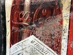 Antique Pat. 1907 Coca-Cola Soda Paper Label Bottle Embossed Metal Sign 27.5