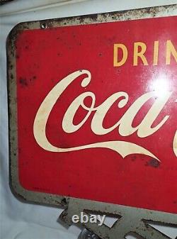Antique USA Coca Cola Soda Yellow Dot Metal Flange Art Advertising Bottle Sign