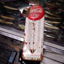 Antique sign Coca Cola drink in bottles Thermometer tin metal 9 L coke Button