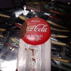 Antique sign Coca Cola drink in bottles Thermometer tin metal 9 L coke Button