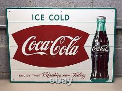 Authentic Vintage 1940's-1950's Ice Cold Coca Cola Fishtail Bottle Metal Sign