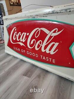 C. 1950s Original Vintage Coca Cola Sign Metal Embossed Fish Tail HUGE Robertson