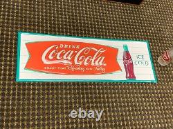 COCA COLA FISH TAIL EMBOSSED METAL ADVERTISING SIGN, (28x 10) NEAR MINT