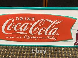 COCA COLA FISH TAIL EMBOSSED METAL ADVERTISING SIGN, (28x 10) NEAR MINT