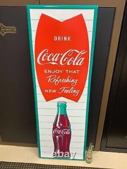 COCA COLA FISHTAIL LARGE EMBOSSED METAL ADVERTISING SIGN (54x 18) NEAR MINT