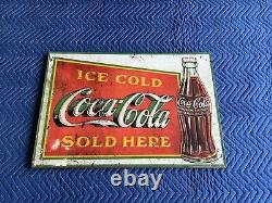 Coca Cola Embossed Metal Advertising Sign Ice Cold Sold Here Vintage Soda 1933
