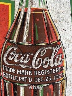 Coca Cola Embossed Metal Advertising Sign Ice Cold Sold Here Vintage Soda 1933