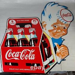 DRINK COCA COLA BOTTLES 6 PACK BOY METAL SODA POP ADVERTISING SIGN See Pictures