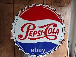 Large Pepsi Bottle Cap Porcelain Metal Gas Pump Sign Soda Cola Die Cut