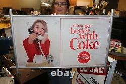 Large Vintage 1960's Coca Cola Soda Pop 2 Sided 41 Metal Frame Sign