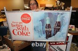 Large Vintage 1960's Coca Cola Soda Pop 2 Sided 41 Metal Frame Sign