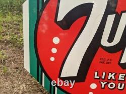 Large Vintage 7up Porcelain Metal Gas Station Cola Soda 7 Up Sign 20 Die Cut