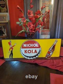 RARE 1930s NICHOL KOLA With MAN BOTTLE METAL SIGN SODA CRUSH DADS COKE POP COLA