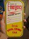 RARE 1950s ROYAL CROWN COLA STAMPED METAL EMERGENCY CONTACT SIGN RC SODA POP