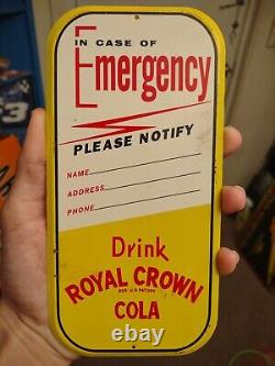 RARE 1950s ROYAL CROWN COLA STAMPED METAL EMERGENCY CONTACT SIGN RC SODA POP
