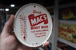 RARE 1960s DRINK MAC'S ROOT BEER PAINTED METAL THERMOMETER SIGN INDIANA A&W COKE