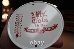 RARE 1960s DRINK MR COLA SODA POP DEALER EMBOSSED METAL THERMOMETER SIGN PEPSI