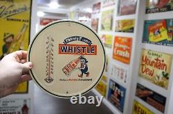 SCARCE 1950s WHISTLE SODA POP EMBOSSED METAL THERMOMETER SIGN ELF COKE BOTTLE 66