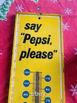 Say Pepsi Please Vintage Metal Pepsi-Cola Soda Sign Intact Thermometer 1964