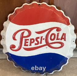 Vintage 1950s-1960's PEPSI COLA Bottle Cap Sign 19 1/4in. Metal Embossed