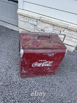 Vintage 1950s Coca Cola Soda Pop Red Metal Cooler with Shelf Tray & Drain Cap