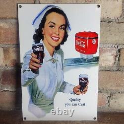 Vintage Coca-cola Porcelain Beverage Soda Gas Station Metal 12x8 Sign Coke Cola