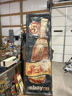 Vintage Metal Pepsi Cola 5 Cent Vertical Sign with Bottle 48 x 16 Double Dot