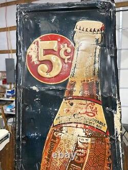 Vintage Metal Pepsi Cola 5 Cent Vertical Sign with Bottle 48 x 16 Double Dot