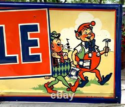 Vintage Metal RARE 55 inch Whistle soda Pop Sign Elves and Bottle Graphic 1940s