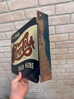 Vintage Original 1940s Pepsi Cola Soda Advertising Metal Flange Sign Double Dot