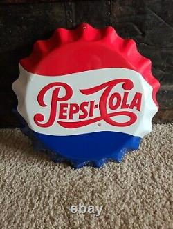 Vintage Pepsi-Cola Metal Bottle Cap Embossed Stout Marketing Sign 11 Diameter