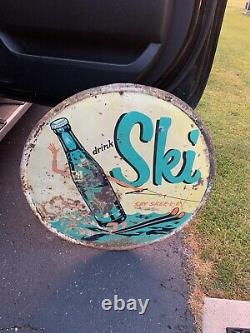 Vintage RARE Round Ski Soda Metal Sign COLA GAS OIL BOTTLE