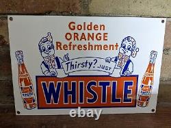 Vintage Whistle Orange Cola Soda Pop Enamel Metal Porcelain Sign 12 X 8